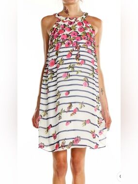 Betsey Johnson Sleeveless Halter Chiffon Pink Floral Print Blue Striped Dress